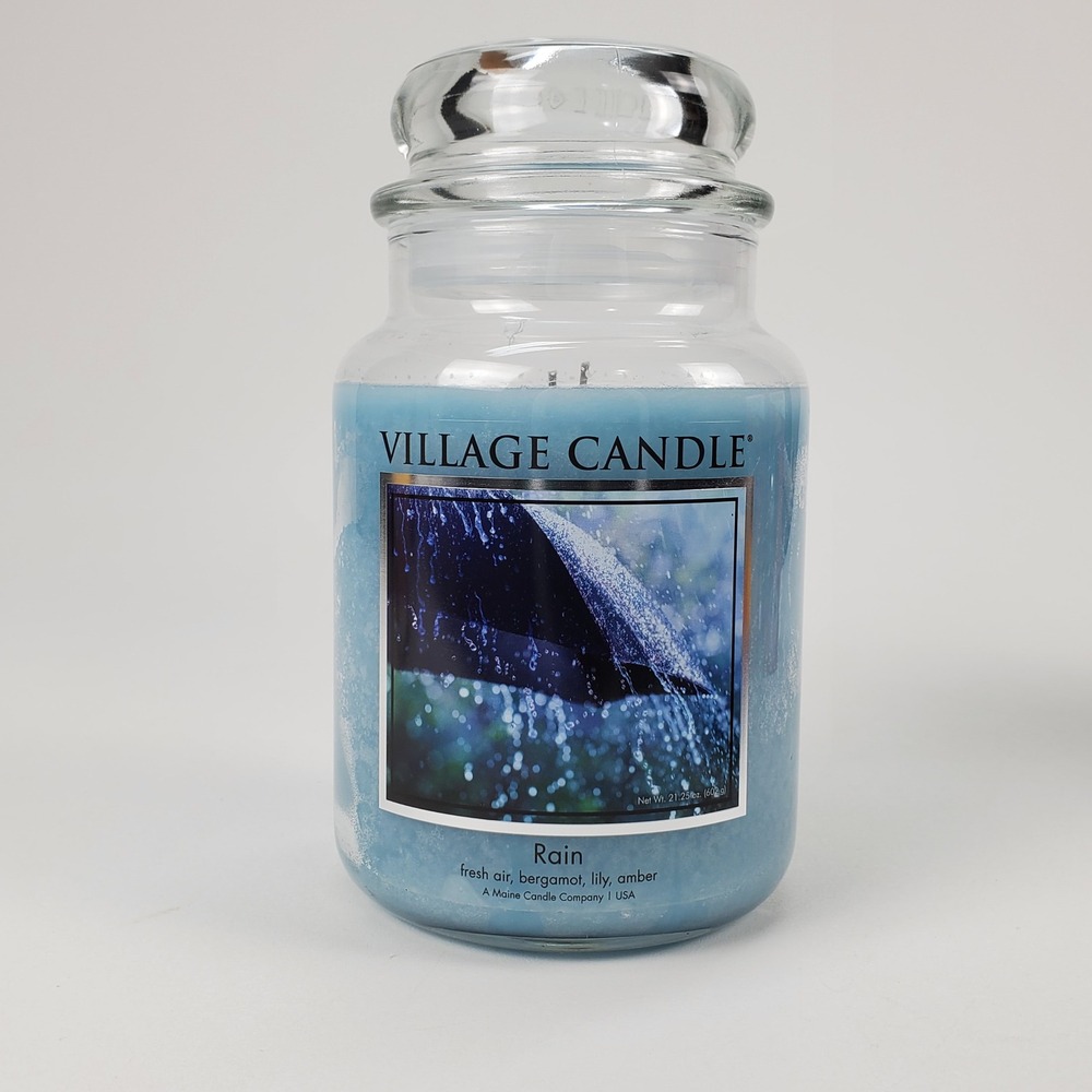 Village Candle Rain Large Glass Apothecary Jar 21.25 oz Dual Wick Blue Candle
